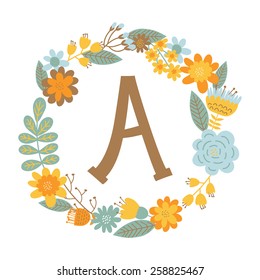 Vector hand drawn Floral monogram with vintage flowers. Letters "A" can be used for backgrounds of flyers, posters, invitations, cards, webs graphics, blogs, banners, and another design.