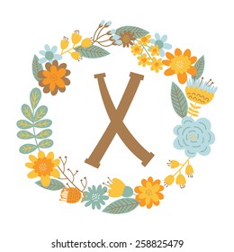 Vector hand drawn Floral monogram with vintage flowers. Letters "X" can be used for backgrounds of flyers, posters, invitations, cards, webs graphics, blogs, banners, and another design.