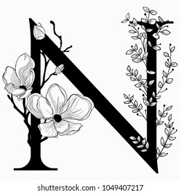 Vector Dibujado a mano floral N monograma o logotipo. Letra N mayúscula con flores y ramas. Flor de cerezo. Diseño floral