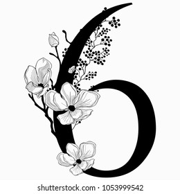 Vector Hand Drawn floral Number Six monogram or logo. Numeric 6 with Flowers and Branches, Cherry Blossom. Floral Design