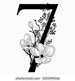 Vector Hand Drawn floral Number Seven monogram or logo. Numeric 7 with Flowers and Branches, Cherry Blossom. Floral Design