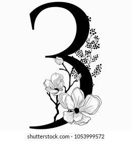 Vector Hand Drawn floral Number Three monogram or logo. Numeric 3 with Flowers and Branches, Cherry Blossom. Floral Design