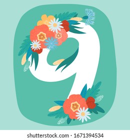 Vector hand drawn floral number with vintage flowers. Number "9". Nine. Perfect for backgrounds of flyers, posters, invitations, cards, webs graphics, blogs, banners, and other design idea.
