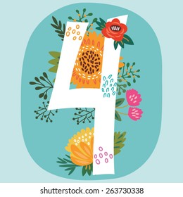 Vector hand drawn Floral number with vintage amazing flowers! Number "4" Perfect for backgrounds of flyers, posters, invitations, cards, webs graphics, blogs, banners, and more.