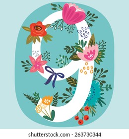 Vector hand drawn Floral number with vintage amazing flowers! Number "9" Perfect for backgrounds of flyers, posters, invitations, cards, webs graphics, blogs, banners, and more.