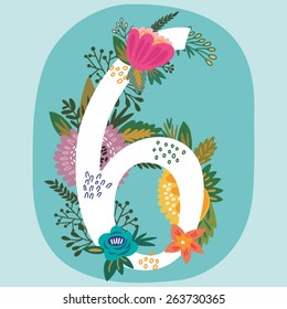 Vector hand drawn Floral number with vintage amazing flowers! Number "6" Perfect for backgrounds of flyers, posters, invitations, cards, webs graphics, blogs, banners, and more.