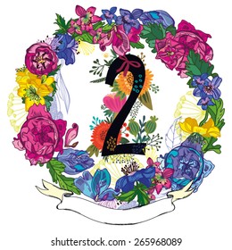 Vector hand drawn Floral number with vintage amazing flowers! Number "2" Perfect for backgrounds of flyers, posters, invitations, cards, webs graphics, blogs, banners, and more.
