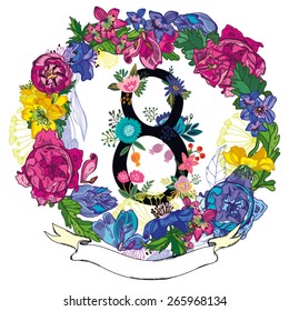 Vector hand drawn Floral number with vintage amazing flowers! Number "8" Perfect for backgrounds of flyers, posters, invitations, cards, webs graphics, blogs, banners, and more.