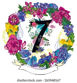 Vector hand drawn Floral number with vintage amazing flowers! Number "7" Perfect for backgrounds of flyers, posters, invitations, cards, webs graphics, blogs, banners, and more.