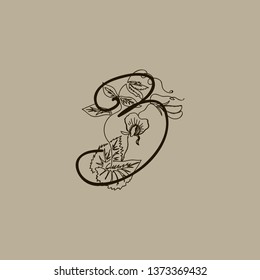 Vector Hand Drawn floral Numbers monogram or logo. Numeral 3 with Flowers and Branches. Wildflowers. Floral Design