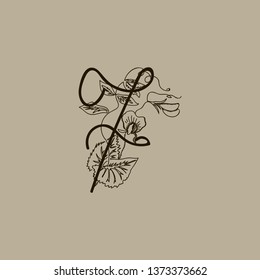 Vector Hand Drawn floral Numbers monogram or logo. Numeral 7 with Flowers and Branches. Wildflowers. Floral Design