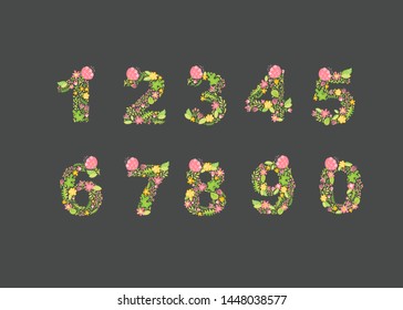 Vector Hand Drawn floral numbers monograms or logo. Uppercase numbers from 1 to 0 with Flowers and Branches Blossom. Floral Design
