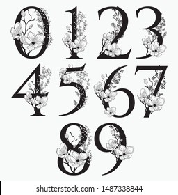 Vector Hand Drawn Floral Numbers Monograms or Logos. Numerics 1, 2, 3, 4 , 5, 6, 7, 8, 9, 0 with Flowers and Branches. Cherry Blossom. Flowered Design Elements. Brand Identity