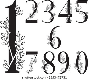 Vector Hand Drawn Floral Numbers Monograms or Logos. Numerics 1, 2, 3, 4 , 5, 6, 7, 8, 9, 0 with Flowers and Branches. Cherry Blossom.