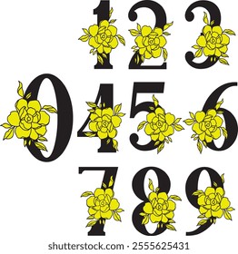 Vector Hand Drawn Floral Numbers Monograms or Logos. Numeric 1, 2, 3, 4 , 5, 6, 7, 8, 9, 0 with Flowers and Branches. Cherry Blossom. Flowered Design with yellow color  