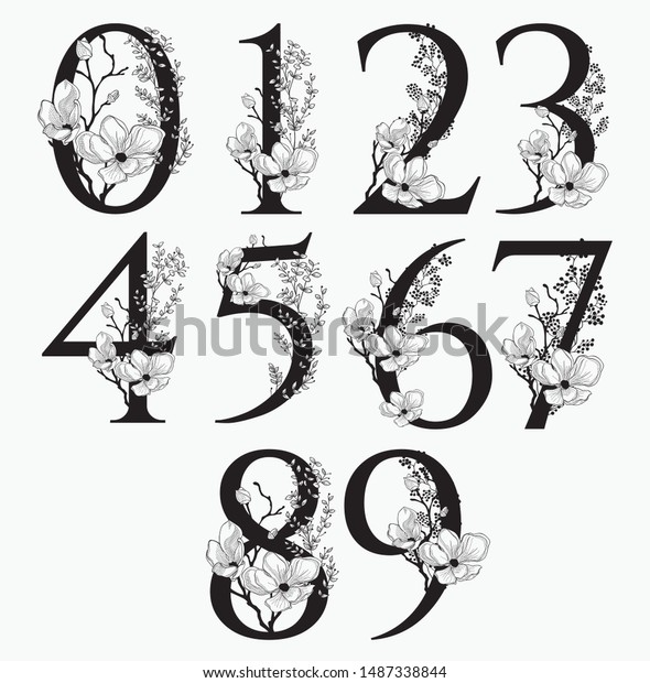 Download Vector Hand Drawn Floral Numbers Monograms Stock Vector (Royalty Free) 1487338844