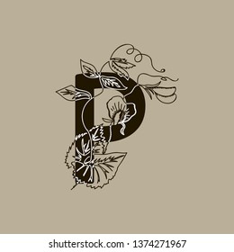 Vector Hand Drawn floral P monogram or logo. Uppercase Hand Lettering. Letter P with Flowers and Branches. Wildflowers. Floral Design