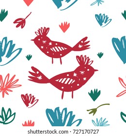 Vector hand drawn floral pattern, red birds.
