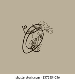 Vector Hand Drawn floral Q monogram or logo. Uppercase Hand Lettering. Letter Q with Flowers and Branches. Wildflowers. Floral Design