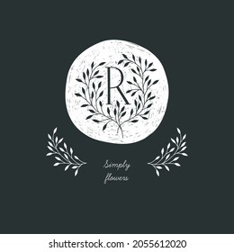 Vector Hand Drawn floral R monogram. Graphic elegant logo with letter R.

