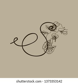 Vector Hand Drawn floral S monogram or logo. Uppercase Hand Lettering. Letter S with Flowers and Branches. Wildflowers. Floral Design