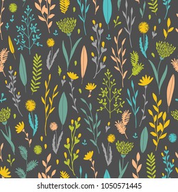Vector hand drawn floral seamless pattern and backdrop. Elegant plant background. Intricate modern summer and spring flower illustration set.