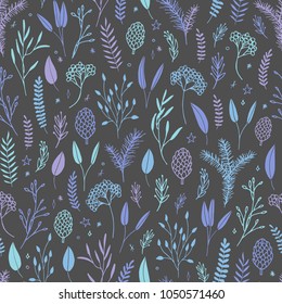 Vector hand drawn floral seamless pattern and backdrop. Elegant plant background. Intricate modern fall and winter flower illustration set.