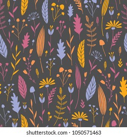 Vector hand drawn floral seamless pattern and backdrop. Elegant plant background. Intricate modern fall and winter flower illustration set.