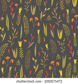 Vector hand drawn floral seamless pattern and backdrop. Elegant plant background. Intricate modern fall and winter flower illustration set.