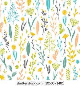 Vector hand drawn floral seamless pattern and backdrop. Elegant plant background. Intricate modern summer and spring flower illustration set.
