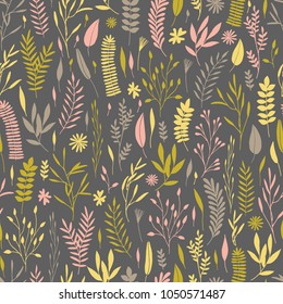 Vector hand drawn floral seamless pattern and backdrop. Elegant plant background. Intricate modern summer and spring flower illustration set.