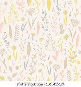 Vector hand drawn floral seamless pattern and backdrop. Elegant plant background. Intricate modern summer and spring flower illustration set.