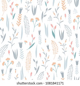 Vector hand drawn floral seamless pattern and backdrop. Elegant plant background. Intricate modern summer and spring flower illustration set.