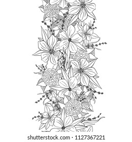Vector hand drawn floral  seamless border. Decorative design element.