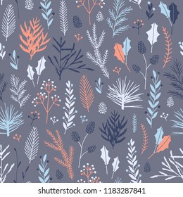 Vector hand drawn floral seamless pattern and backdrop. Elegant plant background. Intricate modern Christmas winter flower illustration set.