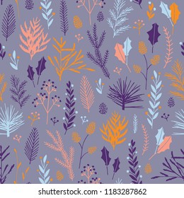 Vector hand drawn floral seamless pattern and backdrop. Elegant plant background. Intricate modern Christmas winter flower illustration set.