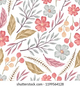 Vector hand drawn floral seamless pattern with textured flower. Wild flowers illustration in light background