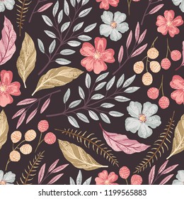 Diseño floral sin fisuras de vectores con flor texturada. Dibujo de flores silvestres en fondo oscuro