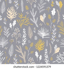 Vector hand drawn floral seamless pattern and backdrop. Elegant plant background. Intricate modern Christmas winter flower illustration set.