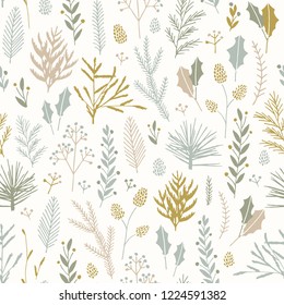 Vector hand drawn floral seamless pattern and backdrop. Elegant plant background. Intricate modern Christmas winter flower illustration set.