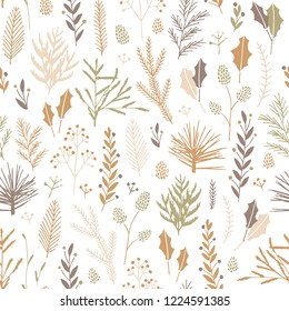 Vector hand drawn floral seamless pattern and backdrop. Elegant plant background. Intricate modern Christmas winter flower illustration set.