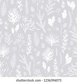 Vector hand drawn floral seamless pattern and backdrop. Elegant plant background. Intricate modern Christmas winter flower illustration set.