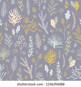 Vector hand drawn floral seamless pattern and backdrop. Elegant plant background. Intricate modern Christmas winter flower illustration set.