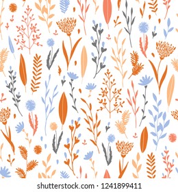 Vector hand drawn floral seamless pattern and backdrop. Elegant plant background. Intricate modern summer and spring flower illustration set.