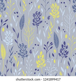 Vector hand drawn floral seamless pattern and backdrop. Elegant plant background. Intricate modern fall and winter flower illustration set.