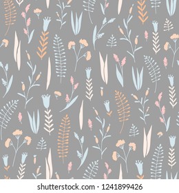 Vector hand drawn floral seamless pattern and backdrop. Elegant plant background. Intricate modern summer and spring flower illustration set.