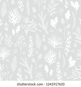 Vector hand drawn floral seamless pattern and backdrop. Elegant plant background. Intricate modern Christmas winter flower illustration set.