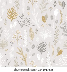 Vector hand drawn floral seamless pattern and backdrop. Elegant plant background. Intricate modern Christmas winter flower illustration set.