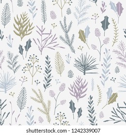 Vector hand drawn floral seamless pattern and backdrop. Elegant plant background. Intricate modern Christmas winter flower illustration set.