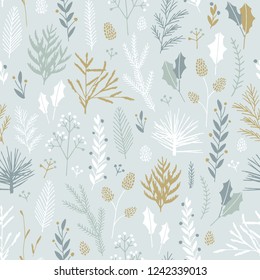 Vector hand drawn floral seamless pattern and backdrop. Elegant plant background. Intricate modern Christmas winter flower illustration set.